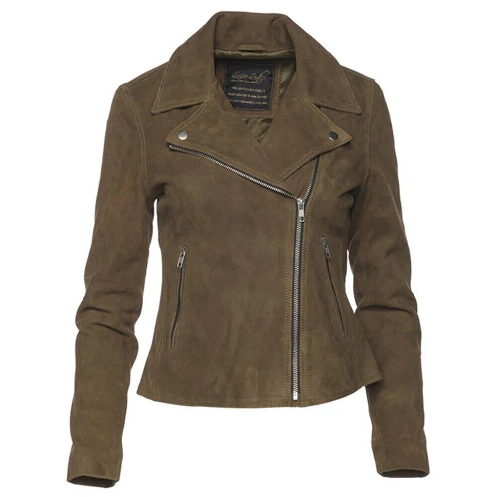 Lusso Leather Sandra Olive Green Suede Biker Jacket